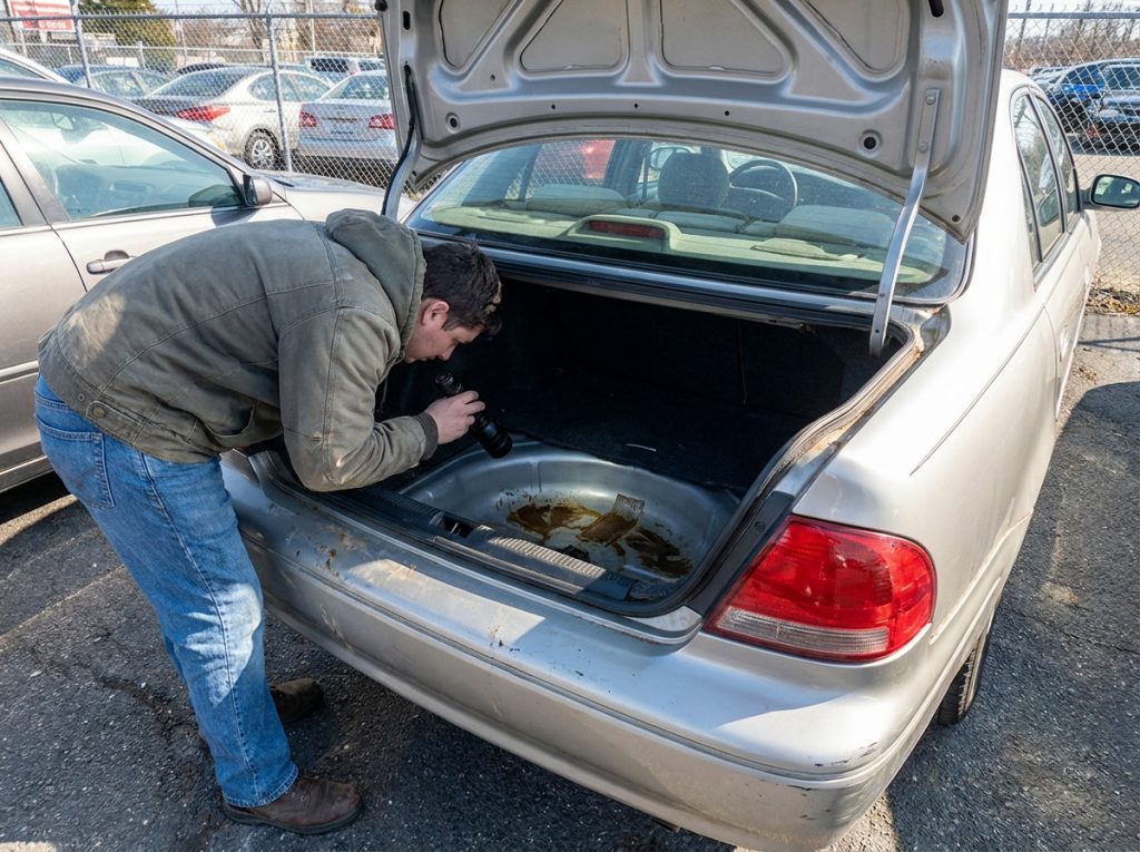 How to Spot Flood Damage in a Used Car: 10 Warning Signs for 2026 2 This image shows a used car trunk and spare tire area being inspected for flood damage, rust, water stains, mud, and hidden moisture.