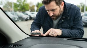 This image shows a car VIN location on a vehicle dashboard, supporting a guide about vehicle identification numbers, used car checks, history reports, recalls, insurance, and title verification.