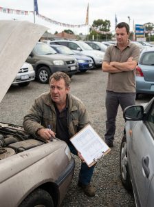This image shows a buyer inspecting a used car carefully before purchase, supporting a guide about common mistakes when buying used cars, including title issues, hidden repairs, test drives, and inspections.