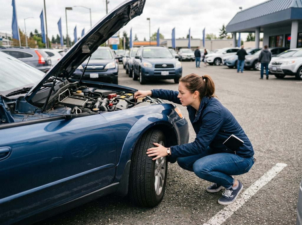 10 Things to Check Before Buying a Used Car in 2026 1 This image shows a buyer reviewing a vehicle history report, service records, and used car paperwork before purchase. It supports the section about checking a used car’s history, title status, mileage, and maintenance records.