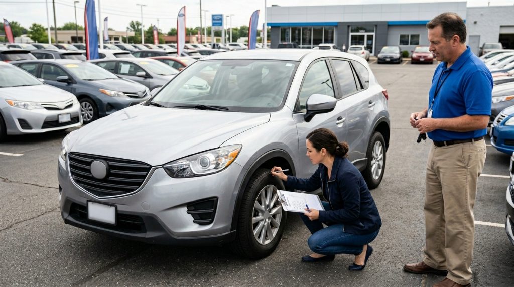 This image shows a buyer using a used car buying checklist while inspecting a vehicle before payment, supporting a guide about used car inspection, documents, test drive, and pre-purchase checks.
