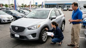 This image shows a buyer using a used car buying checklist while inspecting a vehicle before payment, supporting a guide about used car inspection, documents, test drive, and pre-purchase checks.