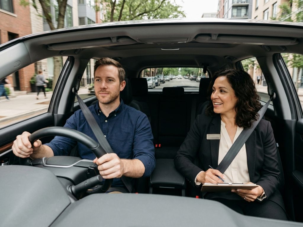 10 Things to Check Before Buying a Used Car in 2026 3 This image shows a buyer test driving a used car before purchase. It supports the section about evaluating steering, braking, acceleration, suspension, comfort, and overall driving performance during a used car inspection.