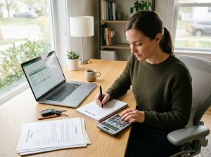 This image shows a car buyer calculating the real cost to own a car, including monthly payments, insurance, fuel, maintenance, repairs, registration, and depreciation.
