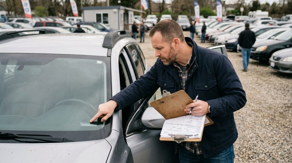 What Is a Car VIN? 7 Reasons It Matters in 2026 2 This image shows a used car buyer checking the VIN before purchase. It supports the section about avoiding fraud, verifying documents, checking vehicle history, and confirming title information.