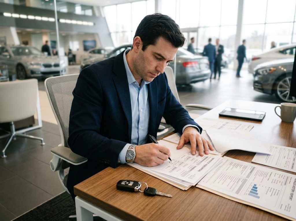 10 Things to Check Before Buying a Used Car in 2026 2 This image shows a buyer reviewing a vehicle history report, service records, and used car paperwork before purchase. It supports the section about checking a used car’s history, title status, mileage, and maintenance records.