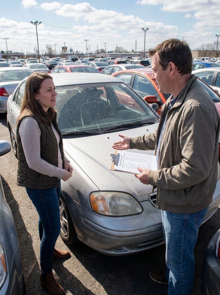 12 Questions to Ask a Seller Before Buying a Used Car in 2026 1 This image shows a used car buyer talking with a seller and reviewing questions before purchase, supporting a guide about title status, service records, mileage, test drives, and mechanic inspections.