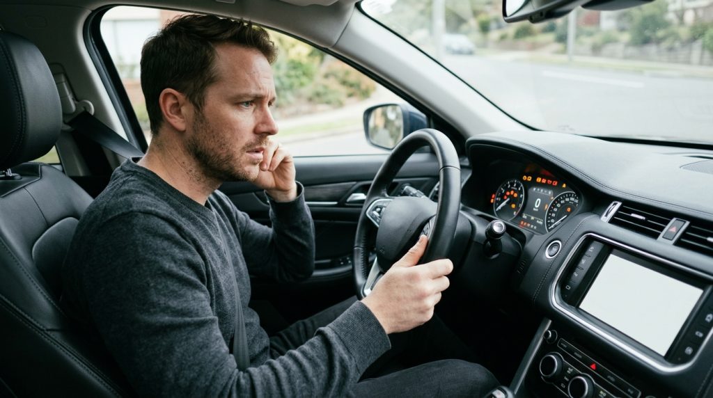 This image shows a driver checking tire pressure after a dashboard warning light appears, supporting the section about tire pressure monitoring, safety, fuel economy, and tire wear.