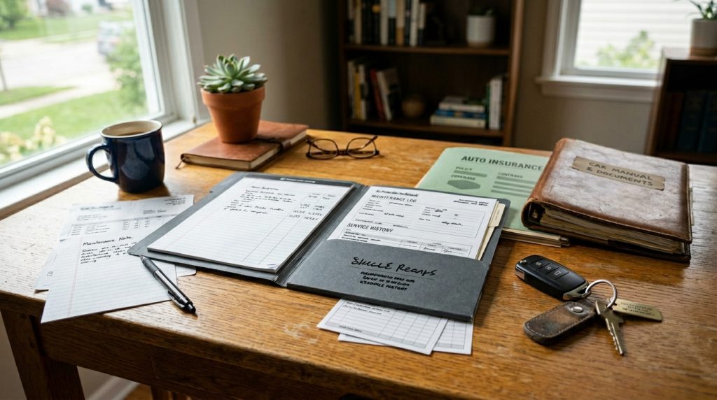 7 Essential Car Documents Every Driver Should Understand in 2026 2 This image shows car insurance papers, service records, repair receipts, and maintenance notes organized with car keys, supporting a guide about important car documents.