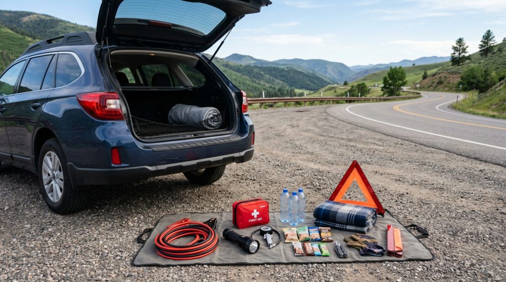 How to Prepare Your Car for a Long Road Trip: 10 Smart Tips for 2026 2 This image shows a road trip emergency car kit with jumper cables, flashlight, first-aid kit, tire gauge, water, snacks, phone charger, and warning triangles.