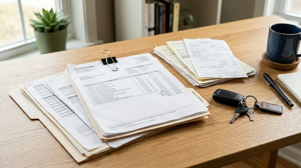 Why Regular Car Servicing Saves You Money: 8 Benefits in 2026 2 This image shows car service records, repair receipts, and maintenance documents organized with car keys, supporting the section about resale value and vehicle maintenance history.