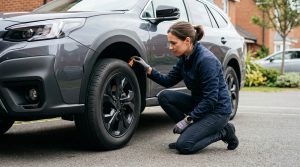 This image shows a driver checking car tires during routine maintenance, supporting a guide about tire pressure, rotation, alignment, tread depth, and tire safety.