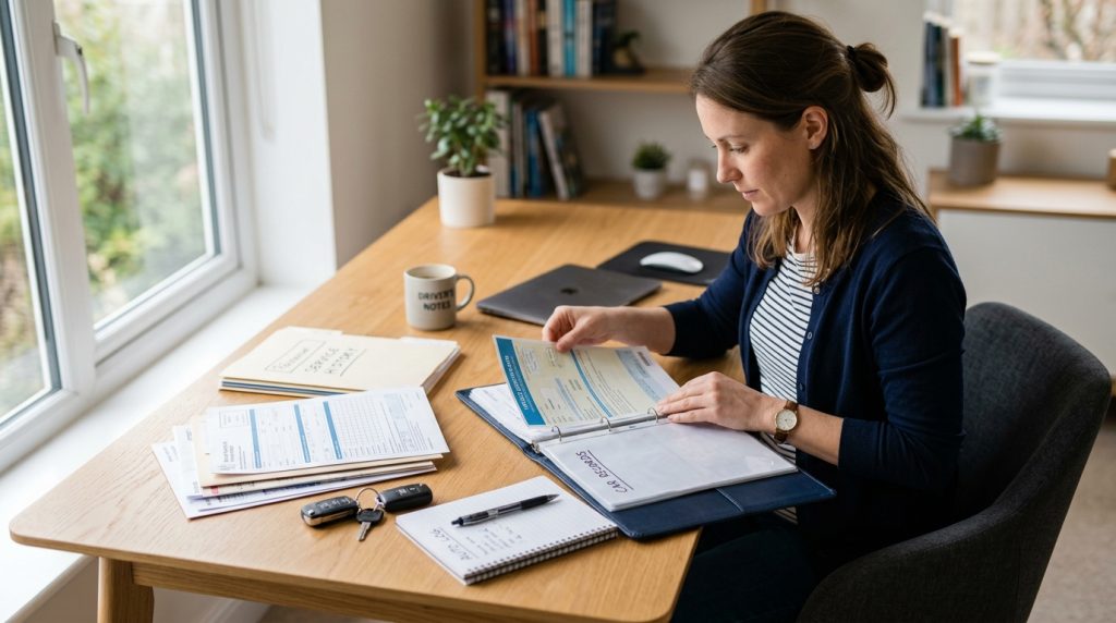 7 Essential Car Documents Every Driver Should Understand in 2026 1 This image shows a driver organizing essential car documents, including vehicle title, registration, insurance papers, service records, and car keys.