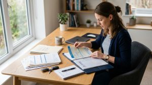 This image shows a driver organizing essential car documents, including vehicle title, registration, insurance papers, service records, and car keys.