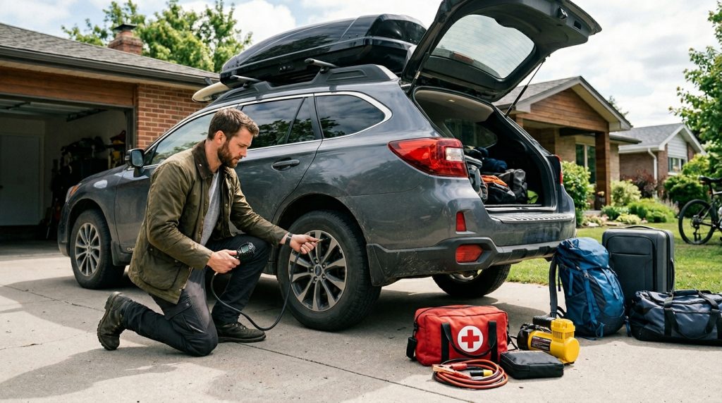 How to Prepare Your Car for a Long Road Trip: 10 Smart Tips for 2026 1 This image shows a driver preparing a car for a long road trip, supporting a guide about tire pressure, brakes, oil, fluids, lights, battery, emergency kit, and road trip safety.