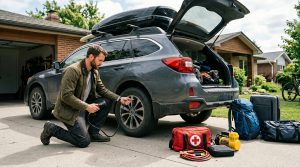 This image shows a driver preparing a car for a long road trip, supporting a guide about tire pressure, brakes, oil, fluids, lights, battery, emergency kit, and road trip safety.