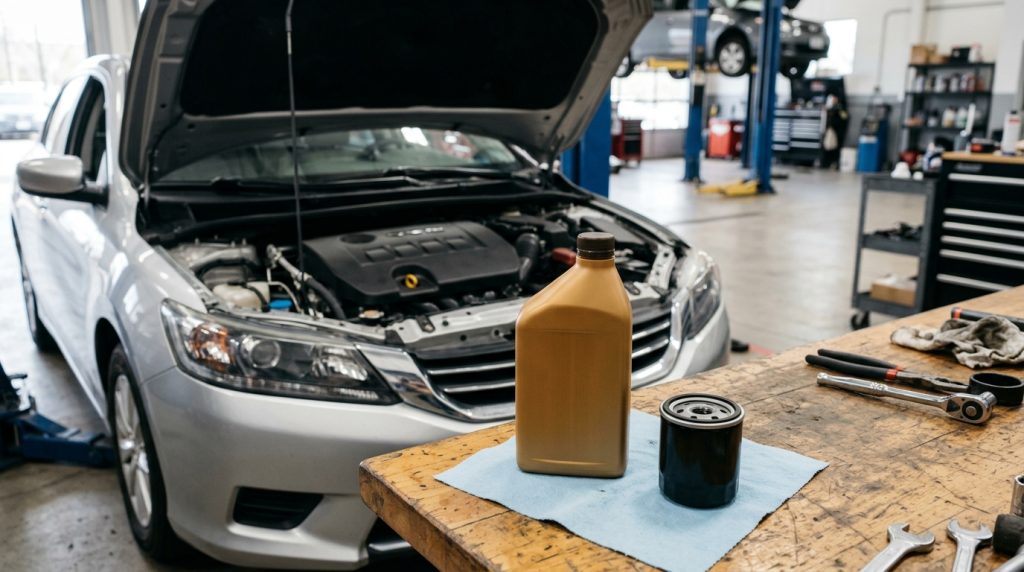 How Often to Change Engine Oil: 7 Simple Rules for 2026 2 This image shows engine oil and an oil filter prepared for a car maintenance service, supporting the section about oil filter replacement, oil type, and engine protection.
