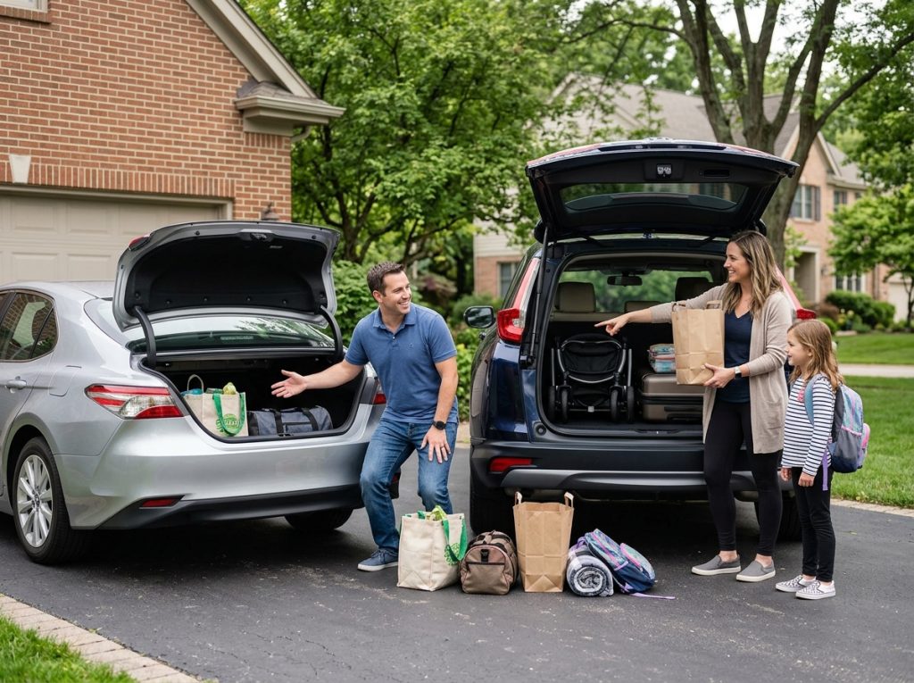 Sedan vs SUV: 7 Key Differences for Daily Driving in 2026 2 This image shows a family comparing cargo space between a sedan trunk and an SUV rear cargo area. It supports the section about luggage, groceries, child gear, road trips, and practical storage needs.