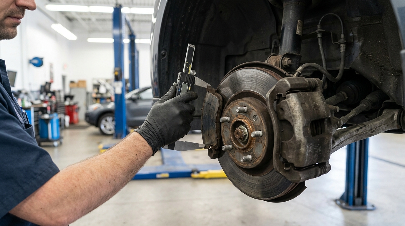 5 Signs Your Brakes Need Immediate Attention in 2026 2 This image shows a close-up brake pad and rotor inspection, supporting the section about grinding brake noise, worn brake pads, rotor damage, and brake repair.