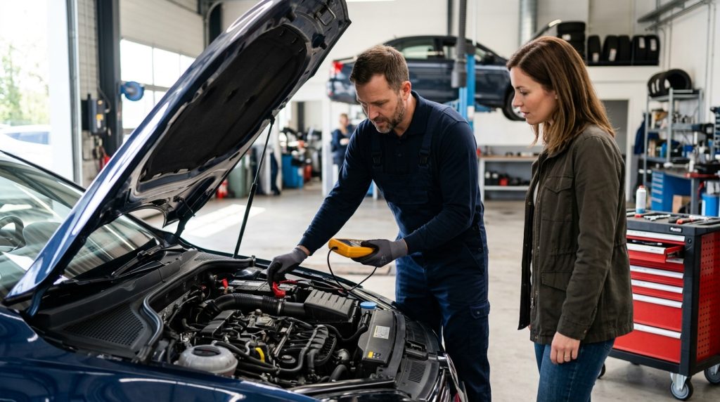 Car Battery Maintenance: 8 Simple Tips for Longer Life in 2026 1 This image shows a mechanic inspecting a car battery, supporting a guide about battery maintenance, terminal cleaning, voltage testing, warning signs, and battery replacement.