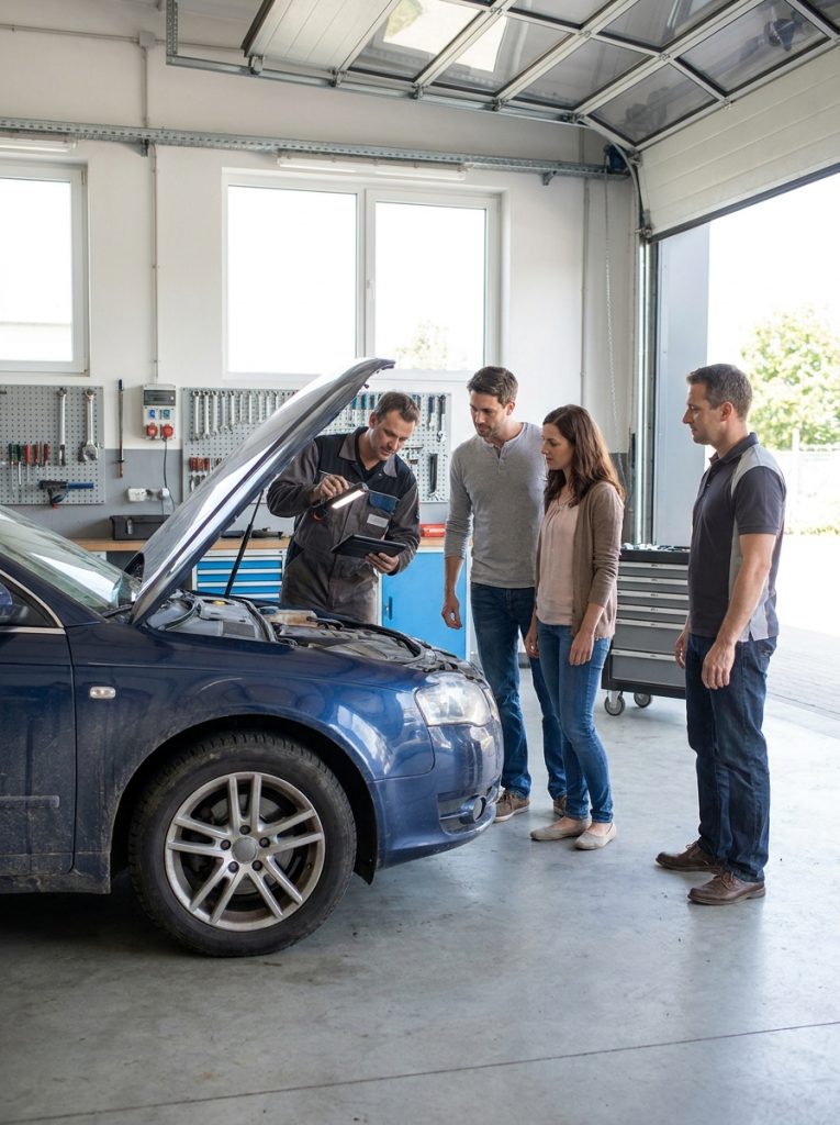 12 Questions to Ask a Seller Before Buying a Used Car in 2026 2 This image shows a mechanic inspecting a used car while the buyer and seller observe, supporting the section about pre-purchase inspections and hidden mechanical problems.