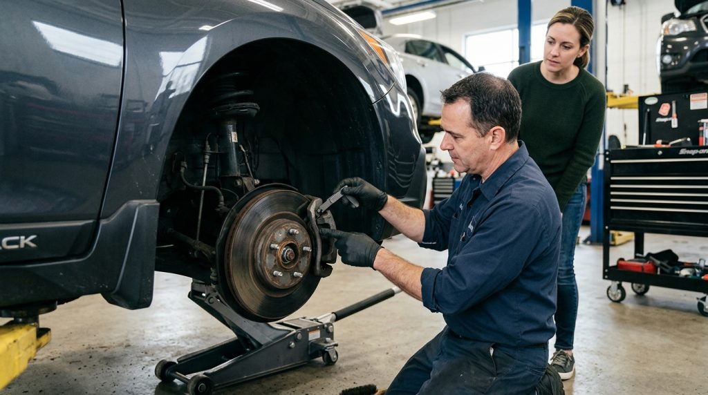 5 Signs Your Brakes Need Immediate Attention in 2026 1 This image shows a mechanic inspecting a car brake system, supporting a guide about brake warning signs, squeaking brakes, grinding noises, vibration, soft pedals, and brake warning lights.