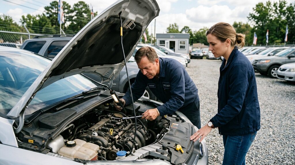 New Car vs Used Car: 7 Key Differences Before You Buy in 2026 3 This image shows a mechanic inspecting a used car before purchase while a buyer observes. It supports the section about hidden problems, maintenance history, vehicle condition, and used car buying risks.