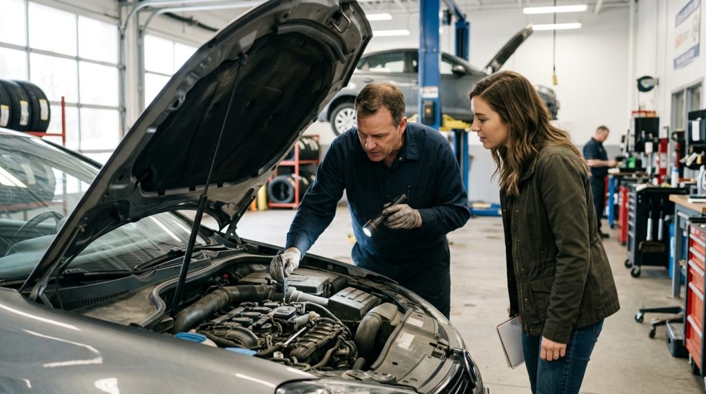 This image shows a mechanic inspecting a used car before purchase, supporting the section about engine, brakes, suspension, leaks, tires, fluids, and hidden repair risks.
