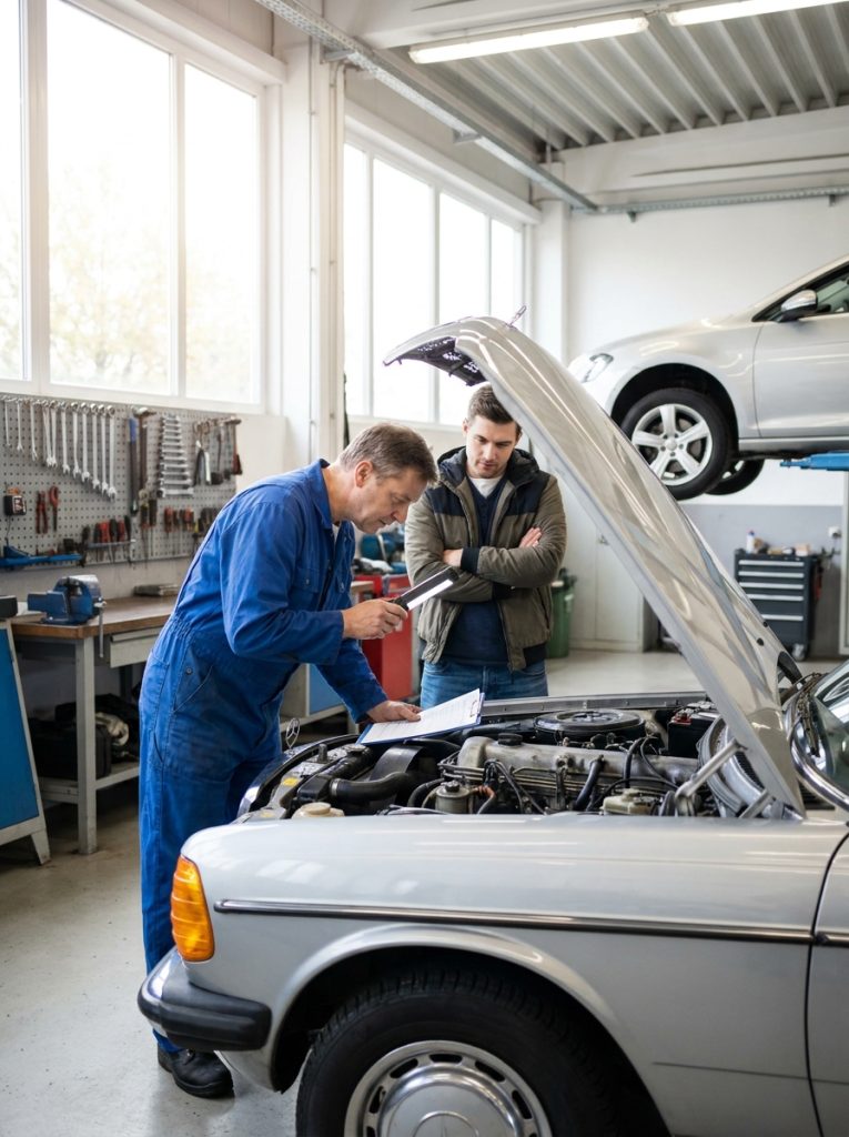 10 Common Mistakes When Buying Used Cars in 2026 2 This image shows a mechanic inspecting a used car before purchase while the buyer observes, supporting the section about avoiding hidden repair risks.