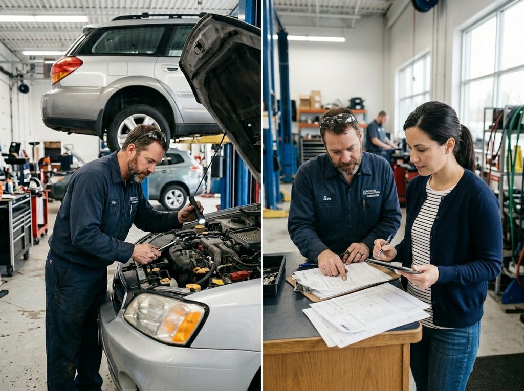 How Much Does It Really Cost to Own a Car in 2026? 2 This image shows a mechanic inspecting a car while the owner reviews maintenance and repair costs. It supports the section about planned maintenance, unexpected repairs, and long-term car ownership expenses.