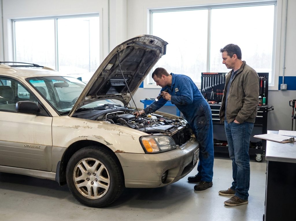 Should You Buy a High-Mileage Car? 9 Things to Know in 2026 2 This image shows a mechanic inspecting a high-mileage used car before purchase, supporting a guide about pre-purchase inspection, repair risks, engine health, and used car reliability.