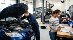 This image shows a mechanic performing routine car servicing, supporting a guide about preventive maintenance, repair savings, fuel economy, resale value, and long-term vehicle reliability.
