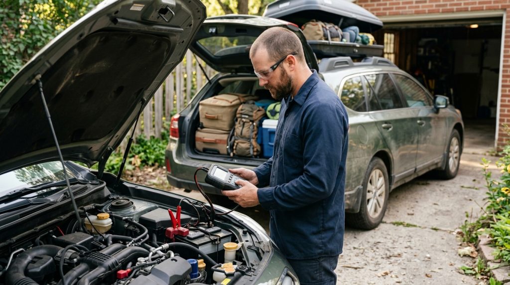 Car Battery Maintenance: 8 Simple Tips for Longer Life in 2026 2 This image shows a technician testing a car battery before a long road trip, supporting the section about voltage checks, battery health, charging system performance, and travel safety.
