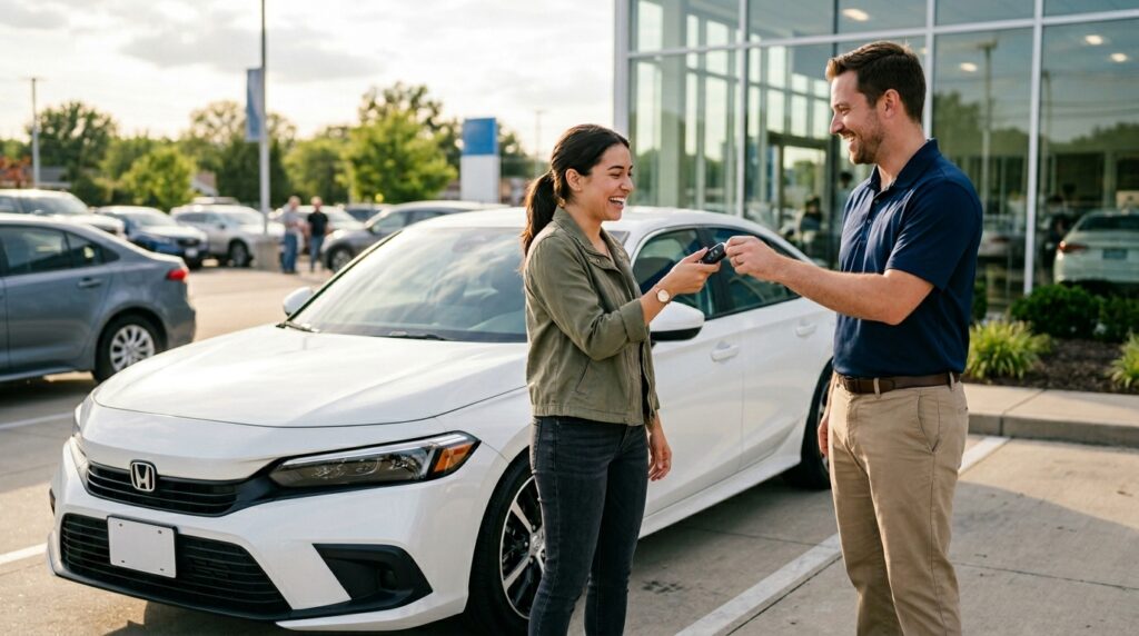 How to Choose Your First Car in 2026: A Beginner’s Guide 4 This image shows a happy first-time car buyer receiving car keys after choosing a reliable and affordable vehicle. It supports the conclusion of a beginner guide about choosing a first car wisely.