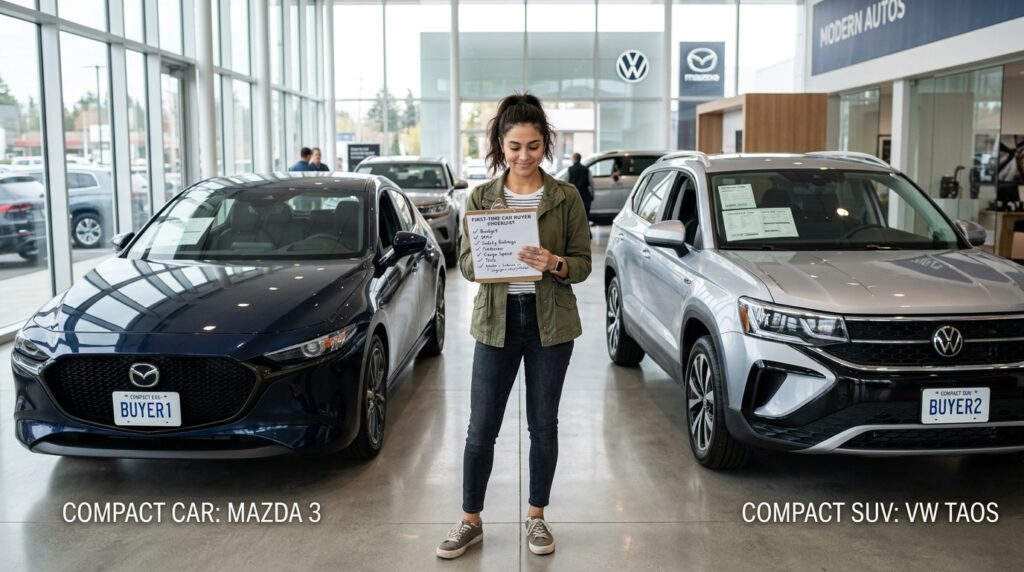 How to Choose Your First Car in 2026: A Beginner’s Guide 1 This image shows a first-time car buyer in a modern dealership, comparing reliable car options with a checklist. It supports a beginner-friendly guide about how to choose your first car based on budget, safety, reliability, and daily driving needs.