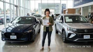 This image shows a first-time car buyer in a modern dealership, comparing reliable car options with a checklist. It supports a beginner-friendly guide about how to choose your first car based on budget, safety, reliability, and daily driving needs.