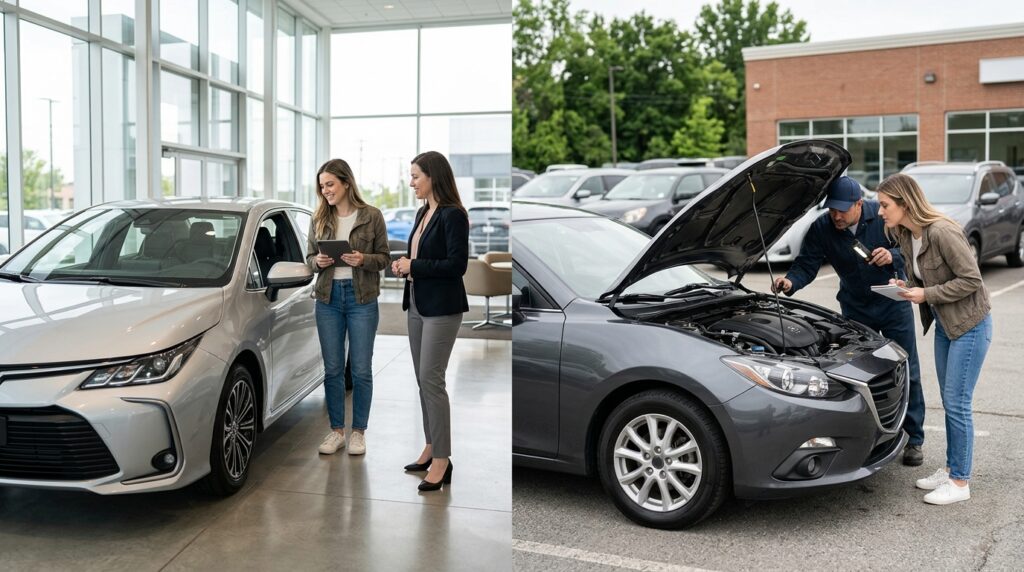 How to Choose Your First Car in 2026: A Beginner’s Guide 3 This image shows a comparison between a new car and a used car, helping first-time buyers understand the differences in price, warranty, depreciation, and inspection needs.