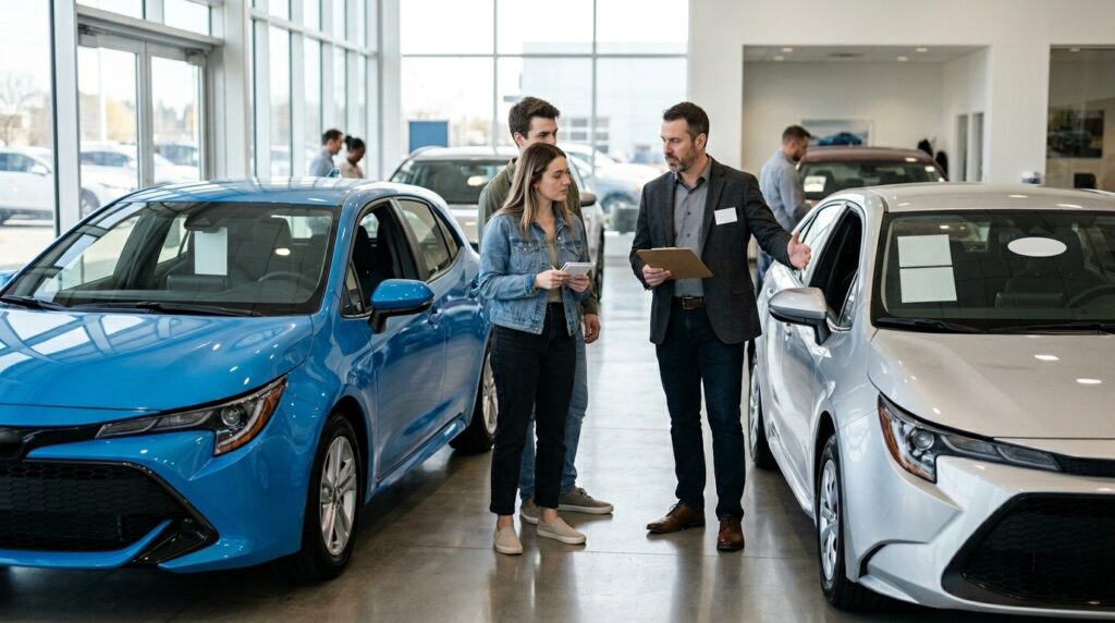 New Car vs Used Car: 7 Key Differences Before You Buy in 2026 1 This image shows a buyer comparing a new car and a used car before making a purchase decision. It supports a car buying guide about price, depreciation, warranty, maintenance, insurance, and long-term ownership value.